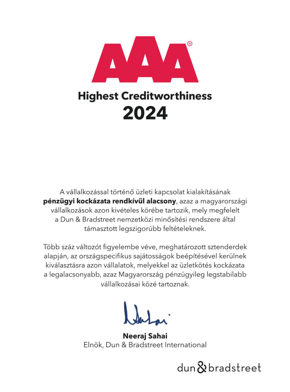 Sybell Informatika Kft - Dun & Bradstreet AAA (tripla A) minősítés