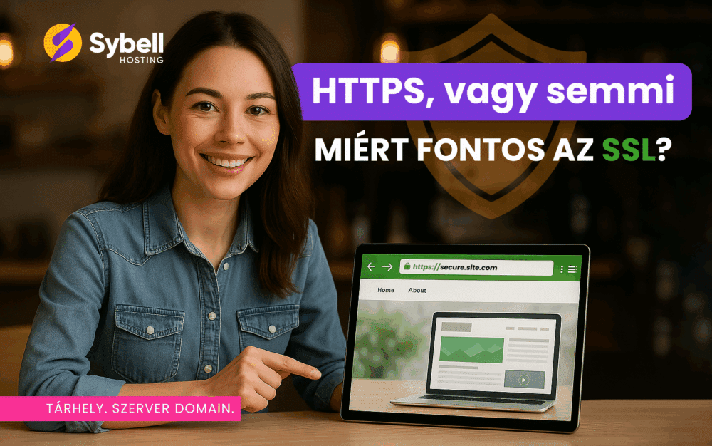 Nő mutat a laptop képernyőjére, amelyen zöld SSL tanúsítvány jelzi a weboldal titkosított, biztonságos kapcsolatát.