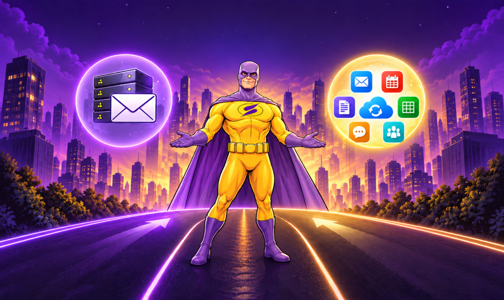 Sybell szuperhős két levelezési megoldás között: bal oldalon tárhelyes e-mail szerverekkel, jobb oldalon Microsoft 365 alkalmazásokkal